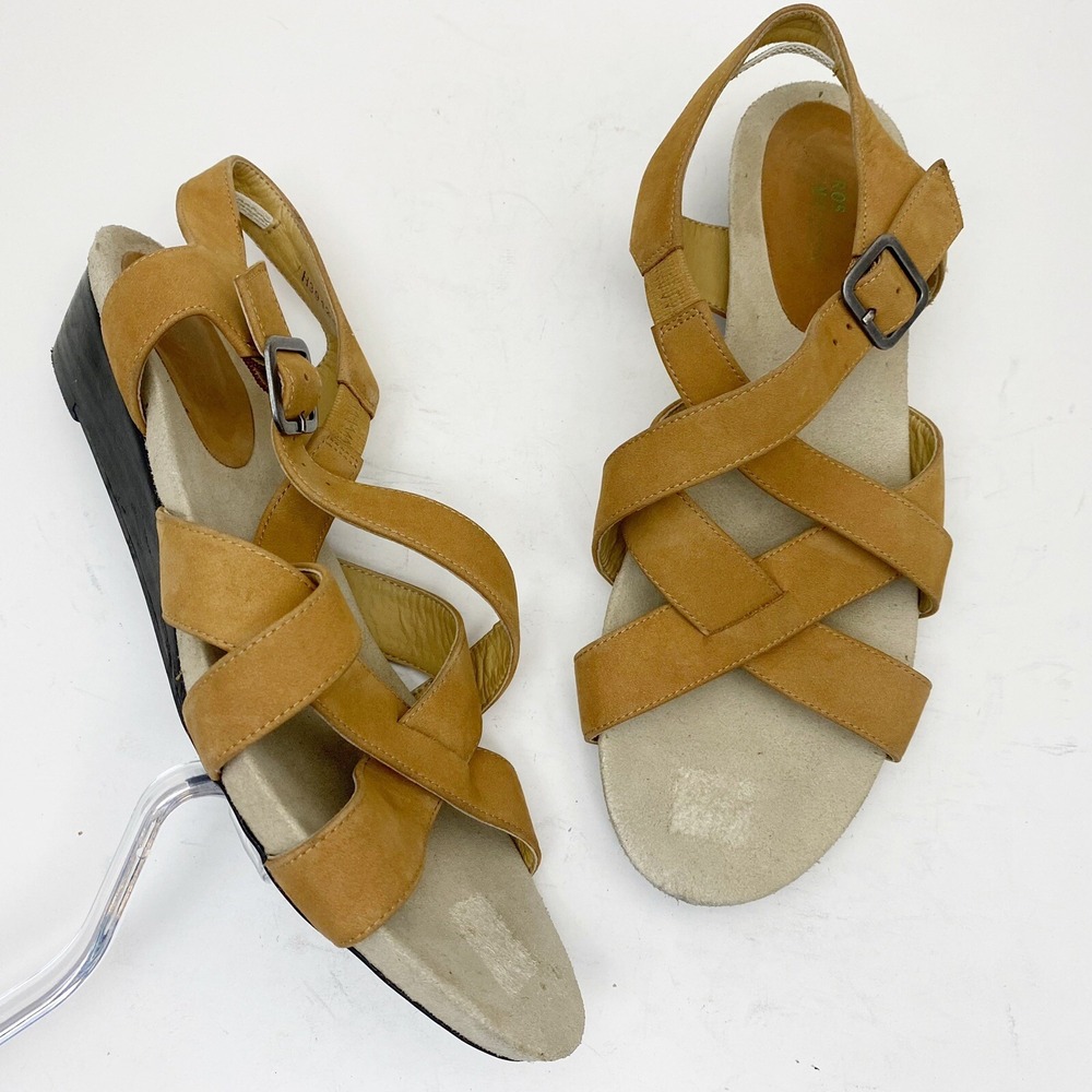 Ros Hommerson Strappy Nubuck Leather Wedge Sandals Womens‎ 10M Tan